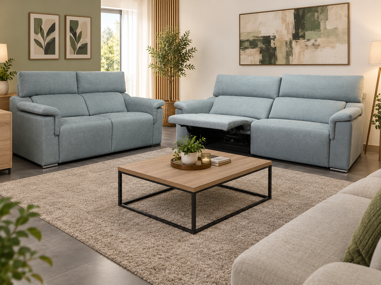 Sofá relax eléctrico GABANA 3+2 en tejido gris azulado