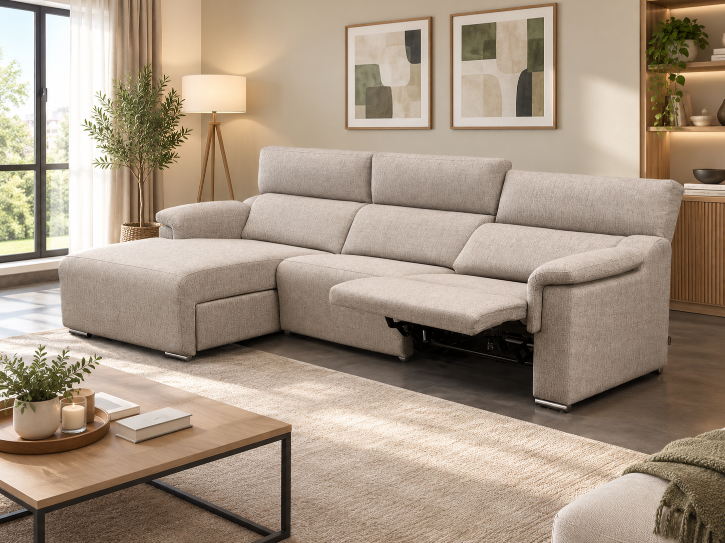 Sofá relax eléctrico GABANA con chaise longue en beige