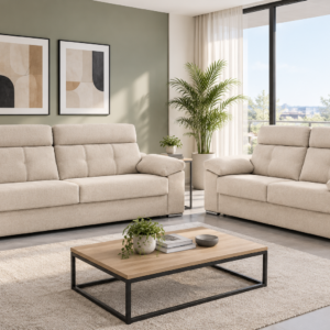 Sofás NEREA 3+2 en tejido beige con cabezales reclinables