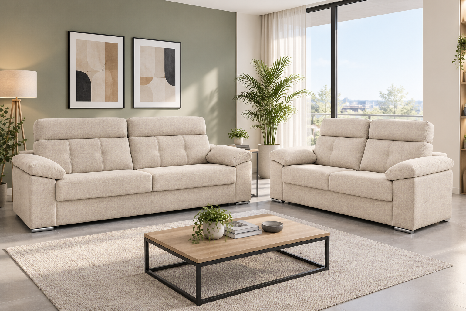 Sofás NEREA 3+2 en tejido beige con cabezales reclinables