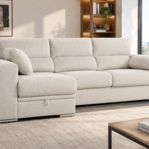 Sofá ALOMA chaise longue en tejido beige con arcón