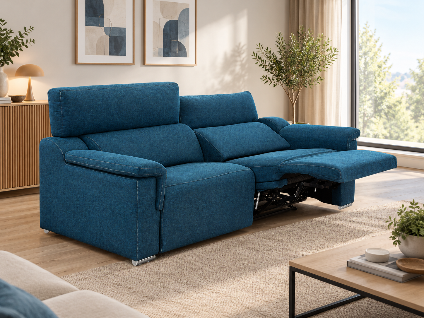Sofá relax eléctrico GABANA azul, 3 plazas con 2 relax